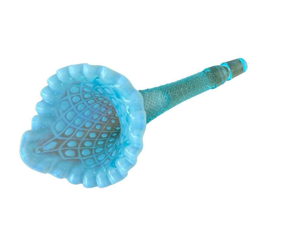 Fenton Horn Vase Epergne Opalescent Blue Aqua Diamond Lace 8.5" Fitter 3/4"